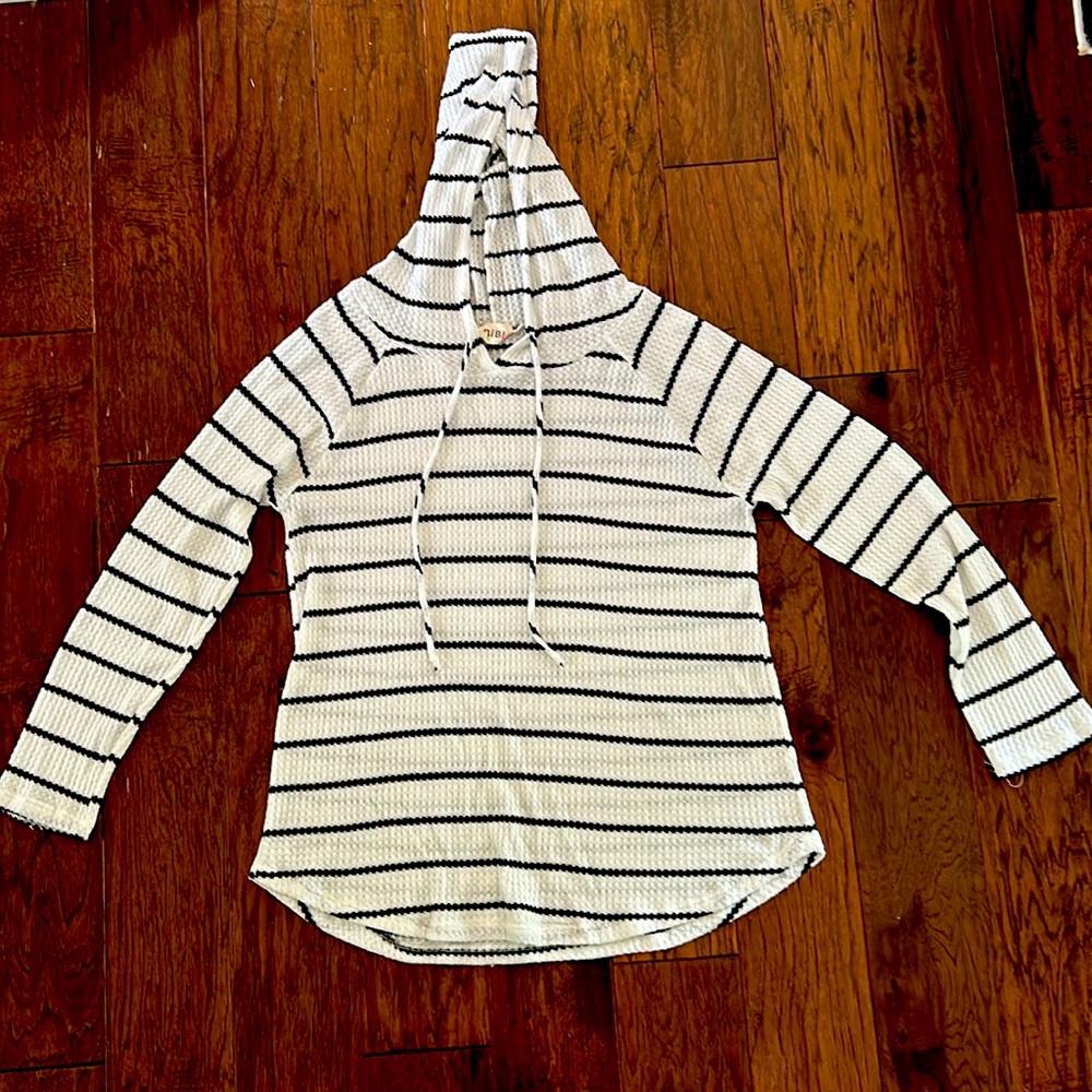 BiBi White and Black Striped Hooded Lightweight Sweater